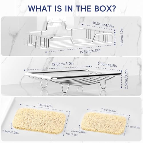 Soap Dish for Shower 2 Pack,Soap Holder with Soap Saver,Stainless Steel Adhesive Soap Dish with 4 Hooks for Bathroom,Kitchen