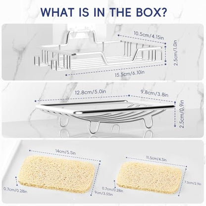 Soap Dish for Shower 2 Pack,Soap Holder with Soap Saver,Stainless Steel Adhesive Soap Dish with 4 Hooks for Bathroom,Kitchen