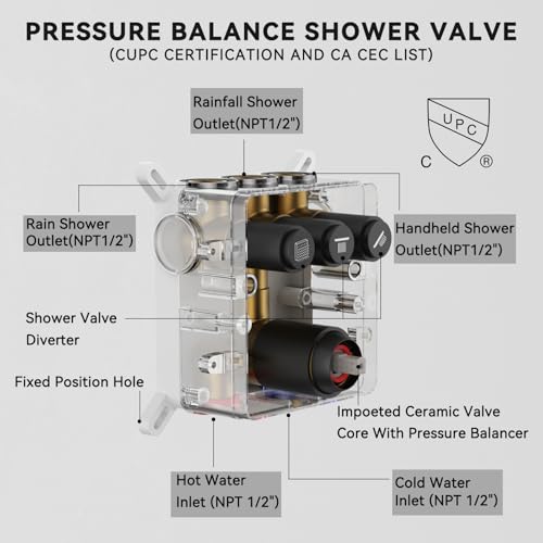 Shower Faucet Set, Wall Mount 12" Rain Shower System with Handheld and 6" Rainfall Shower Head, Can Use 2 Modes Together for Two People, 3 Way Shower Valve with 5 Diverter Complete, Matte Black - color: Matte Black, size: 6+12 inch-07