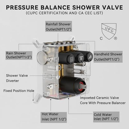 Shower Faucet Set, Wall Mount 12" Rain Shower System with Handheld and 6" Rainfall Shower Head, Can Use 2 Modes Together for Two People, 3 Way Shower Valve with 5 Diverter Complete, Matte Black - color: Matte Black, size: 6+12 inch-07