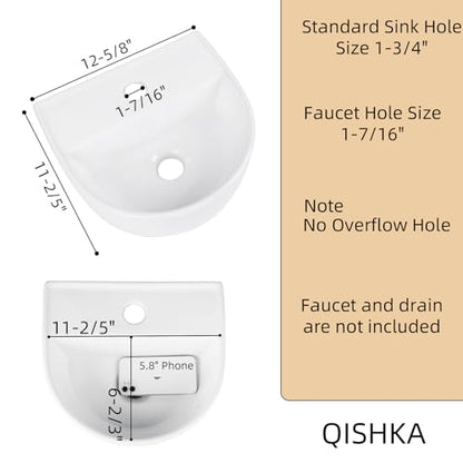 Wall Hung Bathroom Vessel Sink, QISHKA 12.5" X 11.5" Semi-Oval Floating Ceramic Wash Hand Basin White Wall Mount Vanity Sink for Small Bathroom and Small Cloakroom - size: 12.5" x 11.5" x 5.2"