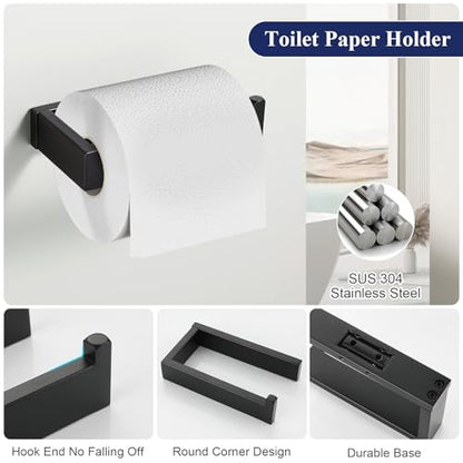 Matte Black Bathroom Accessories, Toilet Paper Holder, Towel Bar and Hook | Lairuier 3 Pieces Bathroom Hardware Set, SUS304 Stainless Steel Towel Holder Set Toilet Paper Holder Robe Hook Wall Mounted - color: Matte Black