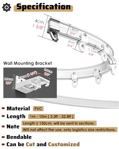 Curtain Track Bendable Tracks for Curtains 1m 2m 3.0m 4m 5m 16 Ft 16.4ft, White PVC Bay Window Curtain Rail and Fittings, Curved Rooms Divider Shower Curtain Rod(Wall Mount,5m/197in/16.4ft) - color: Wall Mount, size: 5m/197in/16.4ft