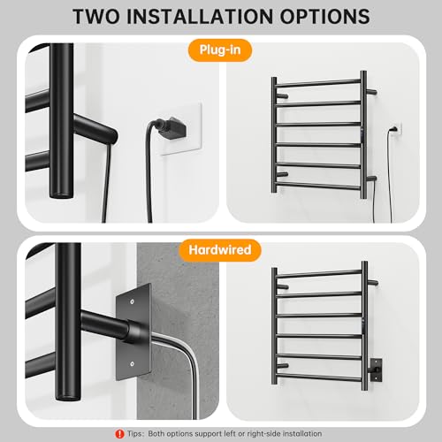 Towel Warmer Rack, Heated Towel Racks for Bathroom, Wall Mounted Towel Warmer, Stainless Steel 6-Bars Drying Rack with Intelligent Touch Screen Timer, Matte Black