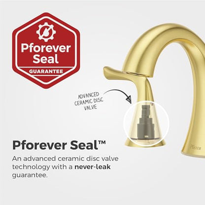 Pfister Willa Bathroom Sink Faucet 8 in Widespread 3 Hole Double Handle Brushed Gold Finish NSF Certified Push & Seal Drain TiteSeal Technology Vanity Faucet LF049MALBG - color: Brushed Gold, size: 1 Pack