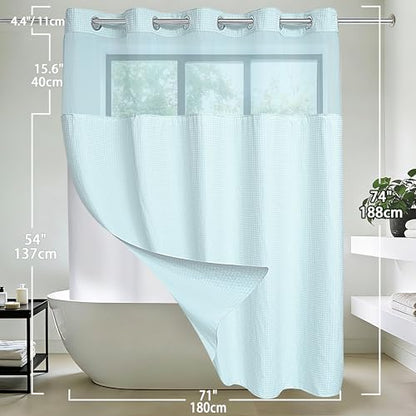 Conbo Mio No Hook Waffle Weave Shower Curtain with Snap in Liner Set, Hotel Luxury Blue Shower Curtains for Bathroom with See Through Top Window, Waterproof, Washable 71W x 74H - color: Waffle-blue, size: 71"W x 74"L (Pack of 1)