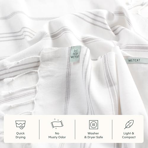WETCAT Turkish Hand Towels with Hanging Loop, Set of 2 (20" x 30") 100% Turkish Cotton, Pre-Washed, Quick Drying, for Kitchen or Bathroom - Grey & White - color: Grey & White