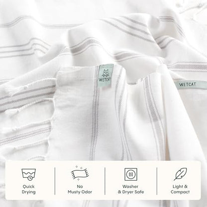 WETCAT Turkish Hand Towels with Hanging Loop, Set of 2 (20" x 30") 100% Turkish Cotton, Pre-Washed, Quick Drying, for Kitchen or Bathroom - Grey & White - color: Grey & White