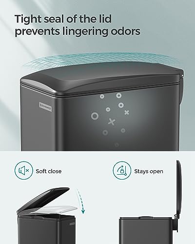 SONGMICS Slim Trash Can, 13-Gallon (50 L) Garbage Can for Narrow Spaces with Soft-Close Lid, Inner Bucket, and Step-on Pedal, Stainless Steel, 15 Trash Bags Included, Black ULTB510B48 - color: Black, style: 13 Gal.