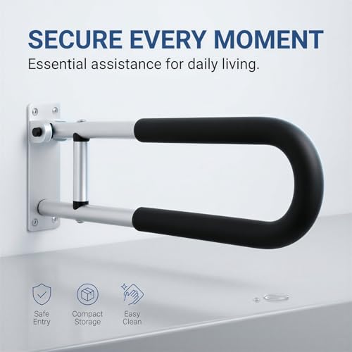 Toilet Safety Rail, 23.6 in Flip Up Foldable Wall Mount Grab Bar, Aluminum Alloy Bathroom Shower Assist Handrail with Anti-Slip Grip, Suitable for Elderly, Handicap, Pregnant & Post-Op Users