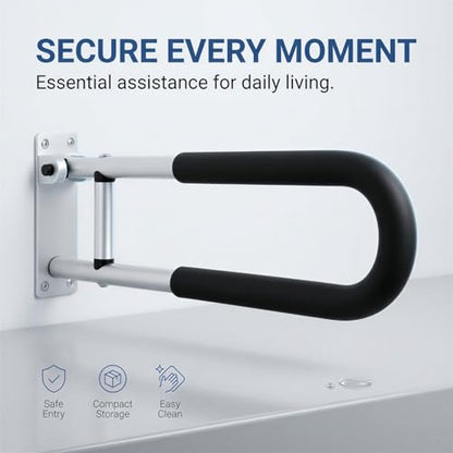 Toilet Safety Rail, 23.6 in Flip Up Foldable Wall Mount Grab Bar, Aluminum Alloy Bathroom Shower Assist Handrail with Anti-Slip Grip, Suitable for Elderly, Handicap, Pregnant & Post-Op Users