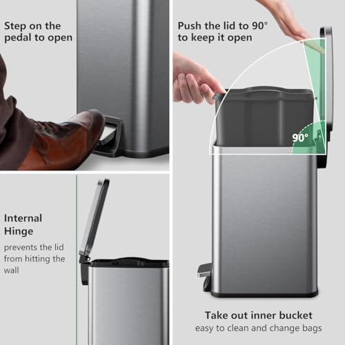 Slim Bathroom Trash Can with Lid Soft Close, 1.6 Gallon Stainless Steel Garbage Can with Removable Inner Bucket, Durable Step Pedal, Small Trash Bins for Toilet, Bedroom, Kitchen, Office - color: Silver, size: 1.6 Gallon