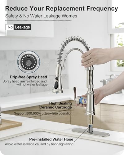 Pull-down Sprayer Kitchen Faucets Brushed Nickel 3 Mode Single Hole Kitchen Faucet 3 Hole, 360 Degree Swivel Stainless Steel Faucet for Kitchen Sink, 1 Handle Kitchen Sink Faucet with Deck Plate - color: Brushed Nickel - Modern