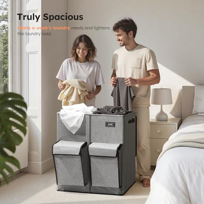 SOLEDI 180L Double Laundry Hamper with Lid and 2 Side Pockets, Dual Hamper | 2 Section Laundry Basket, Removable & Washable Laundry Bags, 180L Large Capacity, for Bedroom, Bathroom, Laundry Room, Dorm - color: Grey