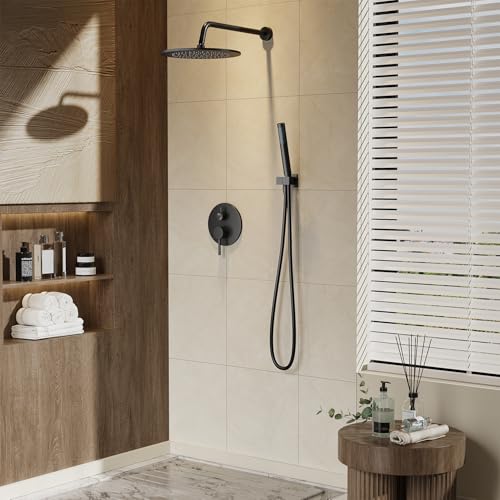 Gabrylly Shower System, 10" Wall Mounted Shower Faucet Set, Matte Black | Rain Shower Head with Handheld Spray Combo, All Metal Rainfall Shower Head Complete Set Shower Mixer Valve for Bathroom - color: Black