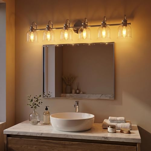 URSOLA 6 Lights 48" Bathroom Vanity Light Fixtures, Brushed Nickel Traditional Classic Vanity Light with Clear Glass, Bathroom Lighting Fixtures Over Mirror - color: Brushed Nickel, size: 6 Lights