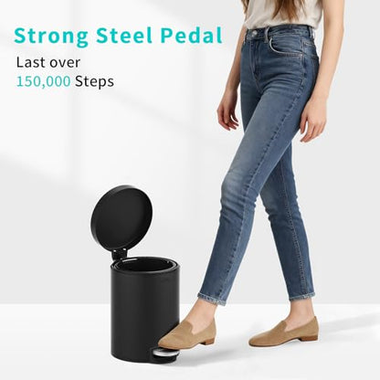mVm Bathroom Trash Can,1.3 Gallon/5 Lliter Small Trash Can with Lid and Foot Pedal,Soft-Close,Anti-Fingerprin.Step Round Stainless Steel Garbage Can for Bathroom,Bedroom,Office,Living Room(Black) - color: Black, size: 1.3Gal/5L