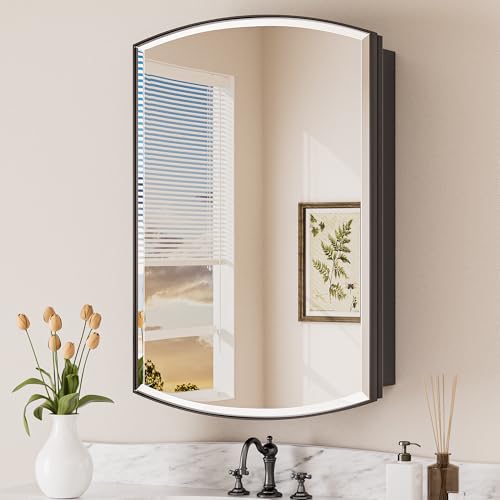 Keonjinn Matte Black Medicine Cabinet with Mirror 20x 30 Inch, Metal Framed | Adjustable Shelves, Arched Vanity Mirror with Storage, Recessed or Wall-Mounted, Safety HD Tempered Glass - color: Black, size: 20"W x 30"H