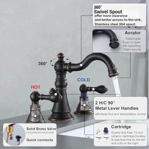 Oil Rubbed Bronze 2-Handle 8 Inch Widespread Bathroom Faucet 3 Holes,2 Pack | Derengge Traditional Widespread Sink Faucet, With Pop-Up Drain 360° Swivel Stainless Steel Spout, F-8805-ORB - color: Oil Rubbed BronzeX2