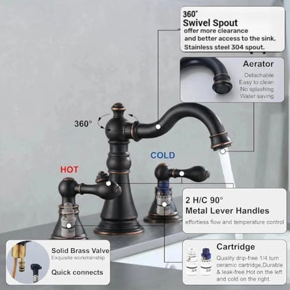 Oil Rubbed Bronze 2-Handle 8 Inch Widespread Bathroom Faucet 3 Holes,2 Pack | Derengge Traditional Widespread Sink Faucet, With Pop-Up Drain 360° Swivel Stainless Steel Spout, F-8805-ORB - color: Oil Rubbed BronzeX2