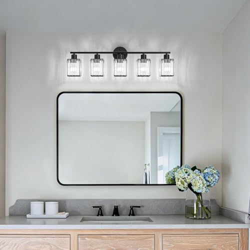 5 Light Bathroom Light Fixtures, Modern Crystal Vanity Lights over Mirror | Metal Frame, Bathroom Light with Square Crystal Shade, ETL Certified, E26 Ceramic Socket, Bulbs Not Included - color: Black, size: 5-Light