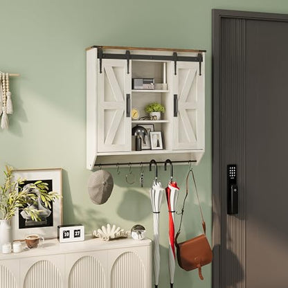 Trironsun Farmhouse Medicine Cabinet 2 Sliding Barn Doors 3 Tier Rustic Wood Wall Storage Cabinet Adjustable Shelf Towel Bar Wall Mounted Bathroom Wall Cabinet (Antique White, 30.71 Inch) - color: Antique White