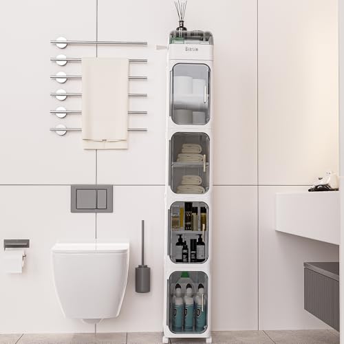 BINSIO 5-Tier Tall Narrow Storage Cabinet, Slim Rolling Storage Cabinet with Clear Doors, Adjustable Shelves, Foldable Organizer for Laundry Room, Kitchen Pantry, Utility Room and Small Spaces - size: 5 Tiers