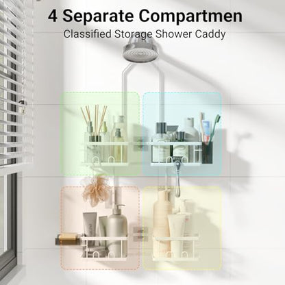 Adjustable Shower Caddy Hanging Rustproof Shower Caddy for Handheld Showerheads, Shower Organizer with Hooks Soap Holder, Anti-Swing Shower Rack Bathroom Accessories (White) - color: White
