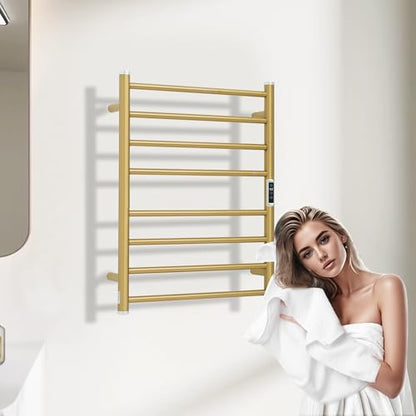Electric Towel Warmer Rack,Heating Towel Warmer,Timer & Temperature Control,Wall-Mounted Plug-in for Bathroom,Gold,Stainless Steel,8-Bar(27.56x20.87x4.41in) - color: Round-matte Gold With Brushed Top, size: 8 Bars