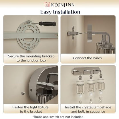 Keonjinn 3-Light Chrome Bathroom Light Fixtures, Crystal Bathroom Vanity Lights Over Mirror, Chrome Vanity Lighting Fixtures with Crystal Square Shades (E26 Base, Exclude Bulb) - color: Chrome, size: 3-Light