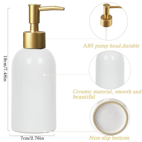 Ceramic Soap Dispenser White with Gold Pump,Simple Design Cylindrical Lotion Dispenser Bottle,Refillable Liquid Hand Soap Dispenser for Kitchen,Bathroom,Washroom - color: White（a）