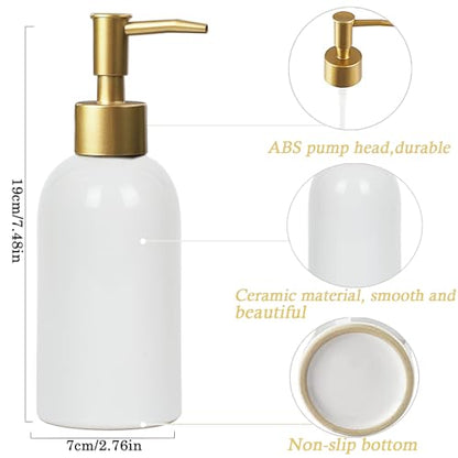 Ceramic Soap Dispenser White with Gold Pump,Simple Design Cylindrical Lotion Dispenser Bottle,Refillable Liquid Hand Soap Dispenser for Kitchen,Bathroom,Washroom - color: White（a）