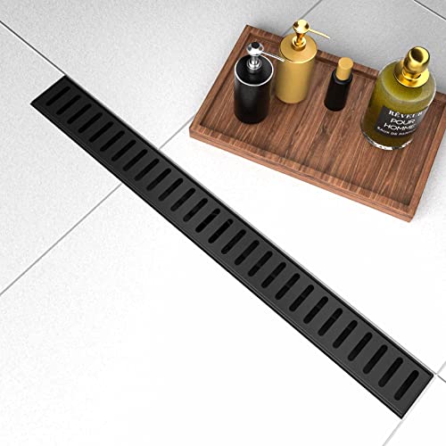 BARONAGE 32 Inch Linear Shower Drain, Capsule Grate, Matte Black | V-shaped Rapid Linear Drains, Rustproof, Hair Catcher, 304 Stainless Steel Rectangle Shower Floor Drain For Bathroom - size: 32 Inch