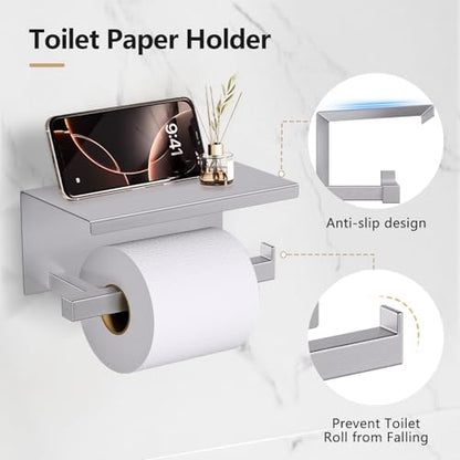 TQKAG 5-Pieces Brushed Nickel Bathroom Hardware Accessories Set 23.6" SUS304 Stainless Steel Towel Bar Set Wall Mounted Square Toilet Paper Holder with Shelf - color: Brushed Nickel, size: 5-Pieces Set-B