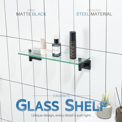 KOKOSIRI Bathroom Shelves Glass Floating Shelf 16-Inch for Bedroom, Living Room, Kitchen, Small Hanging Rack Rustproof Wall Mounted Black B1105BK-L16 - color: Matte Black, size: 16-Inch