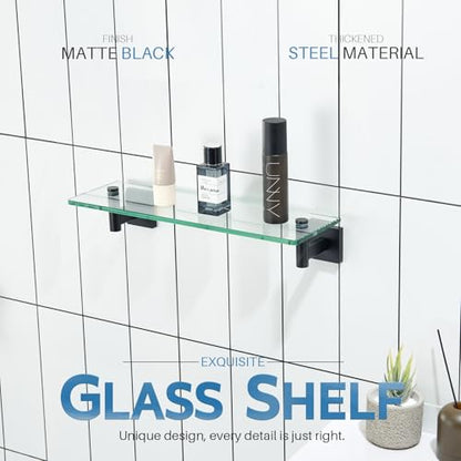 KOKOSIRI Bathroom Shelves Glass Floating Shelf 16-Inch for Bedroom, Living Room, Kitchen, Small Hanging Rack Rustproof Wall Mounted Black B1105BK-L16 - color: Matte Black, size: 16-Inch
