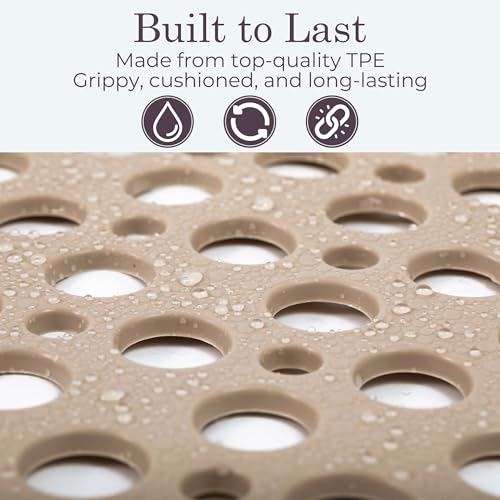Non Slip Shower Mat for Bathtub, Beige TPE Bath Mat with Strong Suction Cups, Quick-Dry Drain Holes, Soft Textured Surface, Spa-Inspired, 30x17 Inch