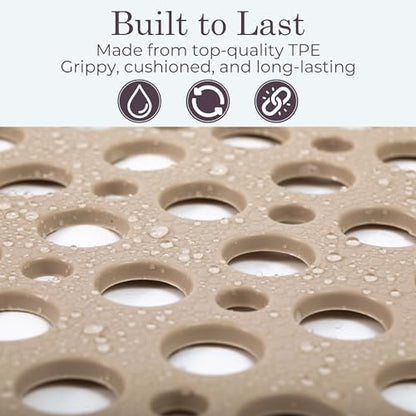 Non Slip Shower Mat for Bathtub, Beige TPE Bath Mat with Strong Suction Cups, Quick-Dry Drain Holes, Soft Textured Surface, Spa-Inspired, 30x17 Inch
