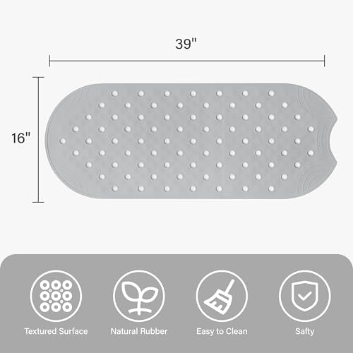 Rubber Bathtub Mat Shower Mat Non-Slip, 39x16 Inch, Bath Tub Floor Mat with Suction Cups and Drainage Holes, Grey - color: Grey, size: 39" x 16" (Oval)