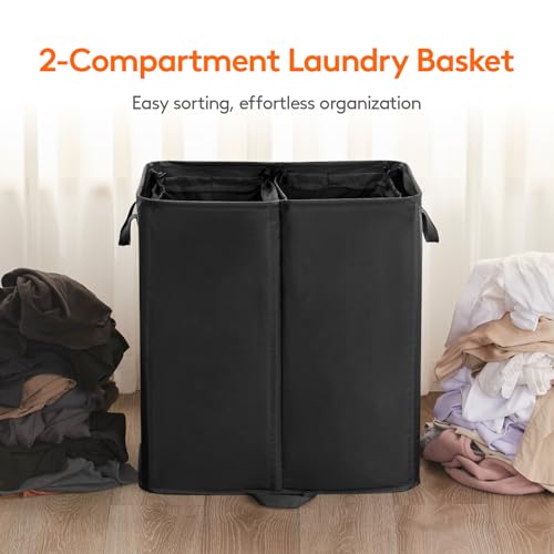 Lifewit 136L Double Laundry Hamper with Lid and Removable Laundry Bags, Large Divided Hamper, Collapsible 2 Section Laundry Basket with Handles for Bedroom, Bathroom, College Dorm, Laundry Room, Black - color: Black