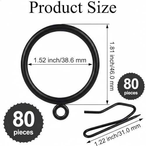 80 Pcs Curtain Rings and Hooks 1.52 inch - Stainless Steel Shower Curtain Rings and Hooks with Eyelets for Curtains Rods and Bathroom Shower Rods, Black - color: Black