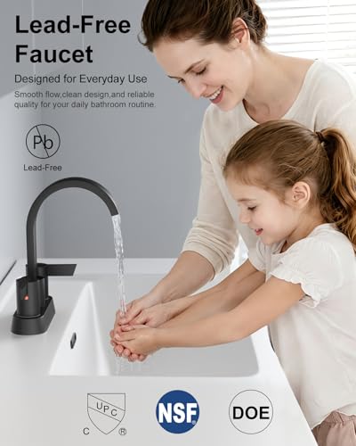 Matte Black Bathroom Faucet,4 Inch Centerset 2-Handle Waterfall | Includes Pop-Up Drain,24-Inch Supply Lines,Mounting Hardware,SUS304 Stainless Steel Construction,And A 360° Swivel Spout - color: Matte Black