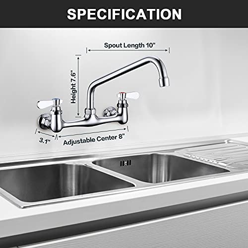 Wall Mount Commercial Sink Kitchen Faucet 8 Inch Adjustable Center | 10 Inch 360 Swivel Spout, Lead-free Brass, For Restaurant Laundry Utility Room, Easy to Install, CUPC NSF Certified - color: A Chrome, size: 10 Inch Spout