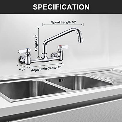 Wall Mount Commercial Sink Kitchen Faucet 8 Inch Adjustable Center | 10 Inch 360 Swivel Spout, Lead-free Brass, For Restaurant Laundry Utility Room, Easy to Install, CUPC NSF Certified - color: A Chrome, size: 10 Inch Spout