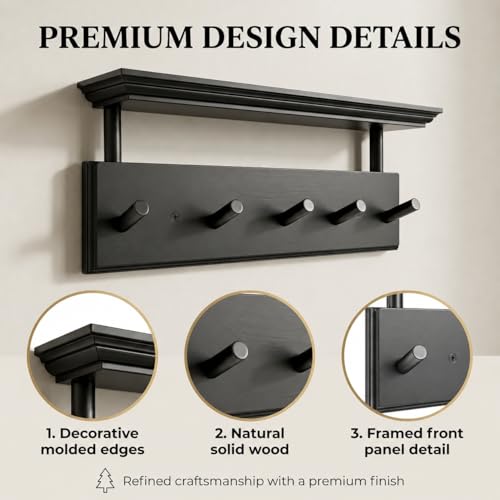 ) Matías Coat Rack Wall Mount with Shelf, 18 Inch Solid Wood Peg Rail, Wall Mounted Coat Rack with 5 Hooks, Wall Mount Shelf for Entryway, Bathroom or Bedroom (Black) - color: Black