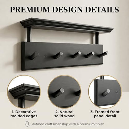 ) Matías Coat Rack Wall Mount with Shelf, 18 Inch Solid Wood Peg Rail, Wall Mounted Coat Rack with 5 Hooks, Wall Mount Shelf for Entryway, Bathroom or Bedroom (Black) - color: Black