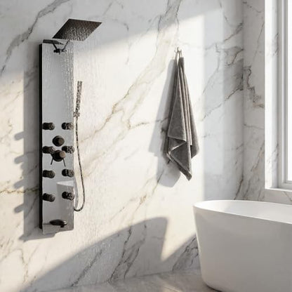 Shower Panel - Adjustable Rainfall Head, Black | Stainless Steel and Glass, Multifunction Shower Panels Tower System, Handheld Shower 2-Setting Body Jets, Tub Spout - color: Black, style: 4 IN 1 Shower Panel