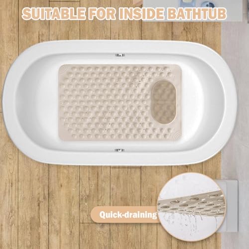 27.6 x 14.2 Inch Non-Slip Bathtub Mat, Machine Washable Bathroom Mat with Suction Cups and Drain Holes, Ideal for Bathtub or Bathroom Floor (Off-White) - color: Off-white