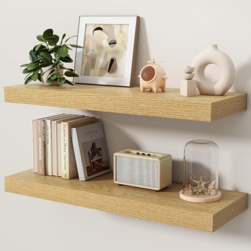 Floating Shelves for Wall, 32 Inch x 8 Inch Deep Wall Mounted Wood Shelf with Invisible Brackets for Storage & Display, Living Room Bedroom Kitchen, Oak, Set of 2 - color: Oak, size: 32 Inch, Set of 2