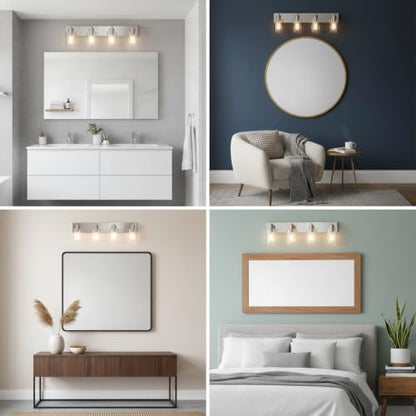 4-Light Brushed Nickel Bathroom Vanity Lights, Clear Glass | Brushed Nickel Metal Frame,Up/Down Wall Mount,cylinder Glass Shade,Kitchen Hallway Bedroom Indoor Use,Easy Install,E26 Base - size: 4-light